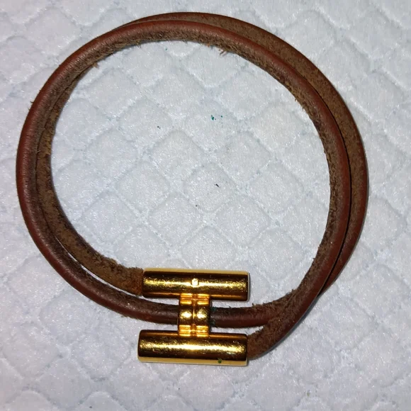 Hermes Gold Tone H Leather Double Wrap Bracelet